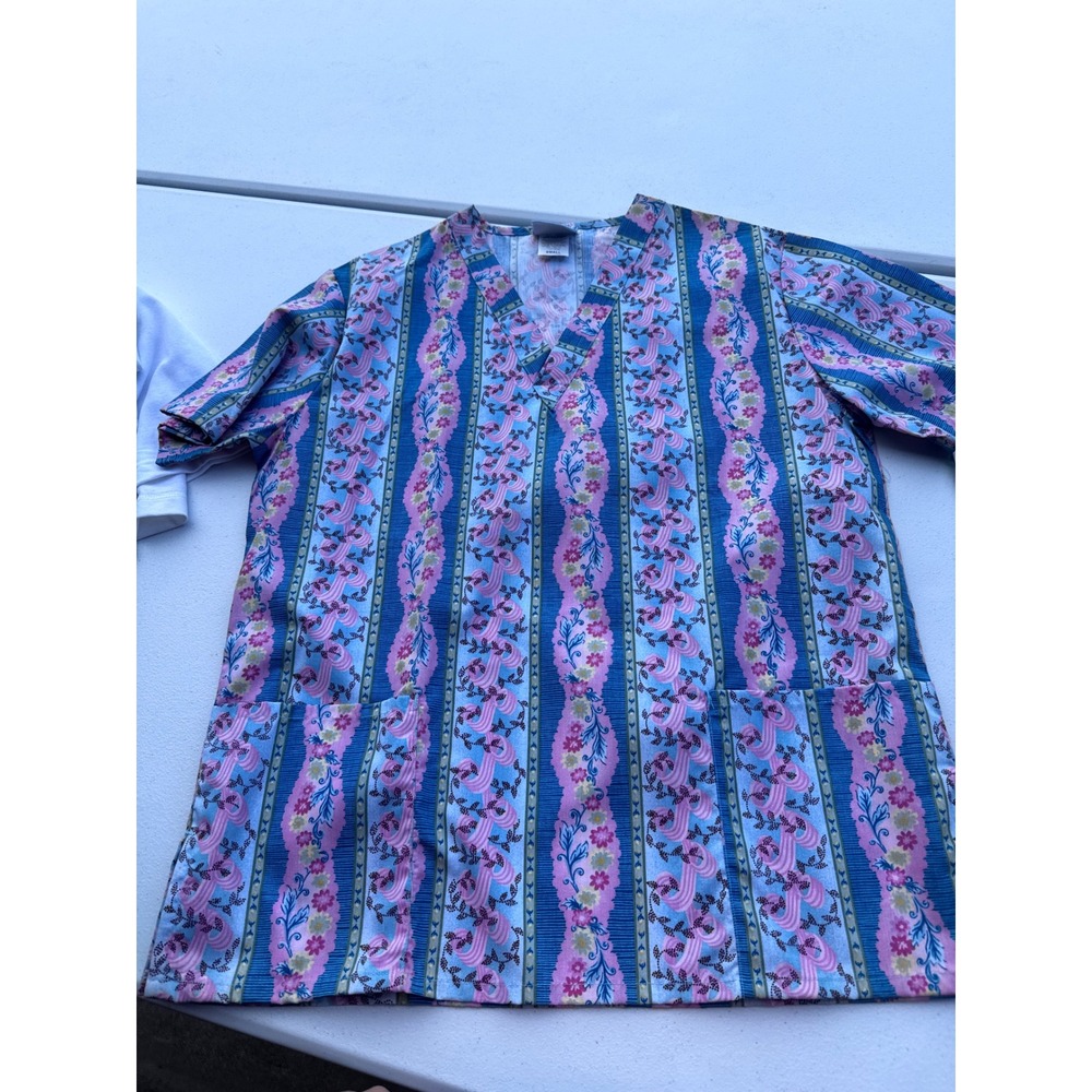 Stars of Best Medical Scrub Top Small Blue Pink Floral Stripe V-Neck RN 793173
